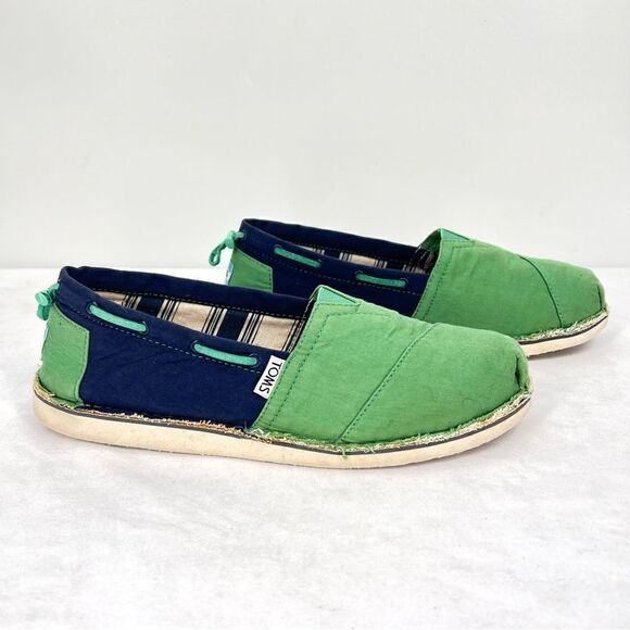 Toms Bimini Stitch Out Two Tone Blue Green Canvas Drawstring Slip On Flats 8.5 - Picture 1 of 10